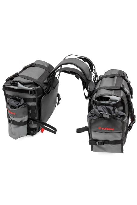 Turkana Gear HippoHips Classic Hybrid soft motorbike panniers Over-the-seat Throw-over strap set.