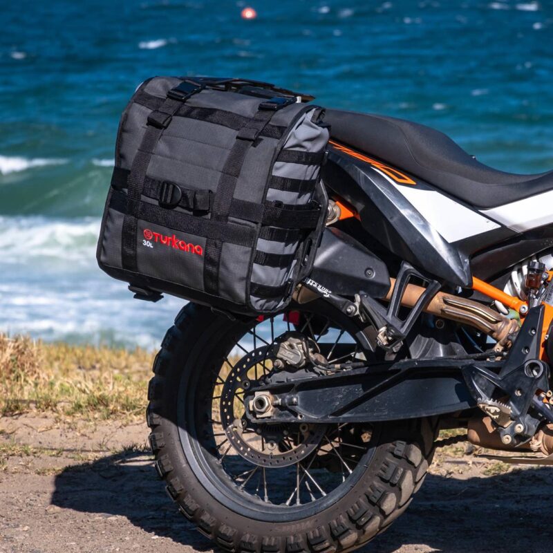 Detailed look at the 30L Turkana HippoHips pannier fitted on a KTM Adventure — showcasing MOLLE webbing and secure ADV mounting.