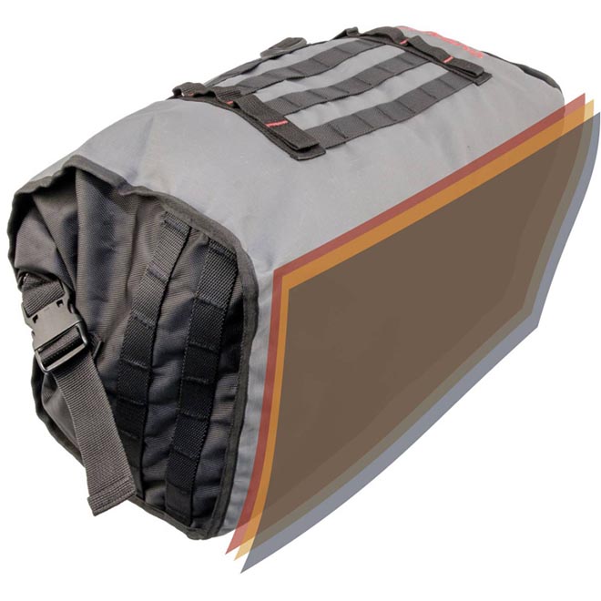 Turkana Duffalo duffel bag showing triple-layer construction with inner padded base for vibration and chafe protection.