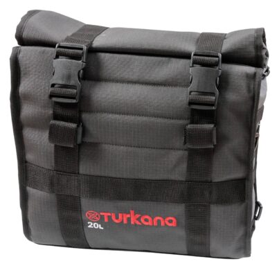 Front view of Turkana HippoHips 20L soft luggage motorcycle pannier with visible straps and buckles