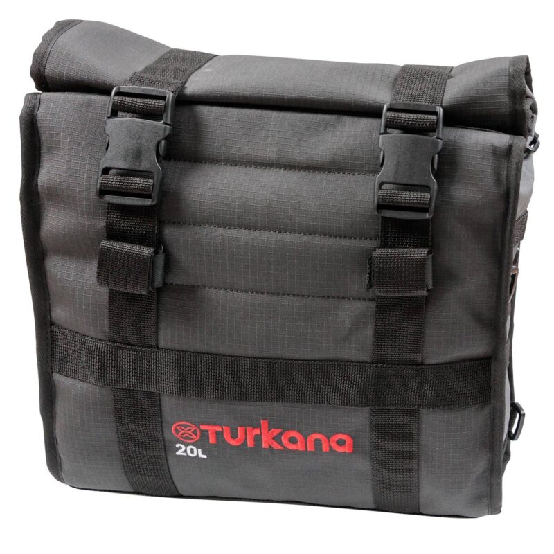 Front view of Turkana HippoHips 20L soft luggage motorcycle pannier with visible straps and buckles