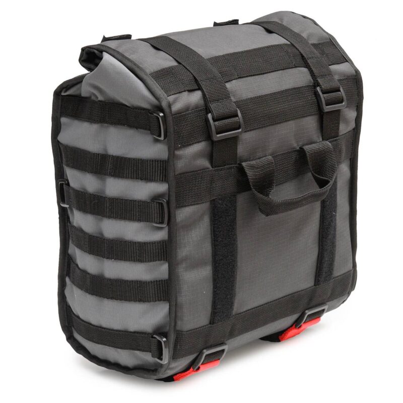 Rear view of Turkana HippoHips 30L soft luggage motorcycle pannier showing M.O.L.L.E webbing, buckles, and carry handle