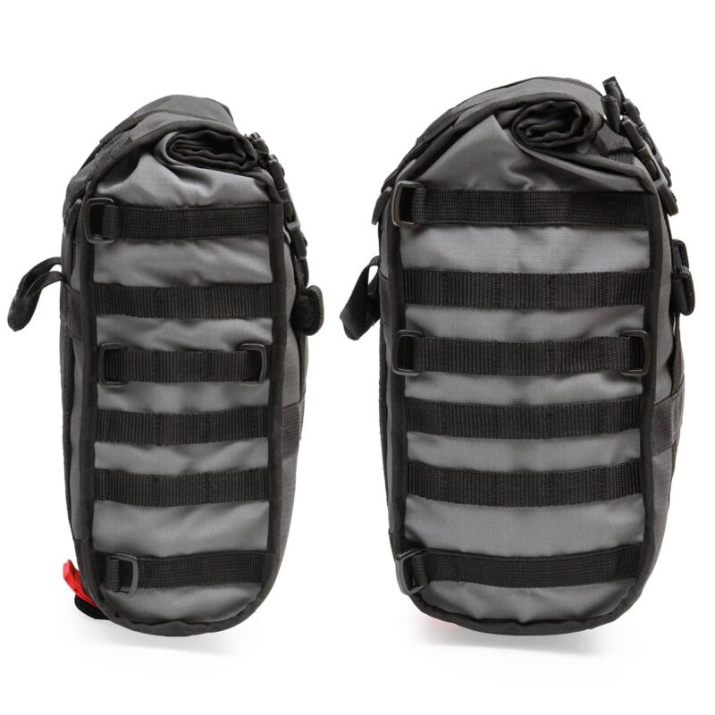 MOLLE webbing layout comparison between the 20L and 30L HippoHips Hybrid Saddlebags, showing pouch compatibility and mounting space.