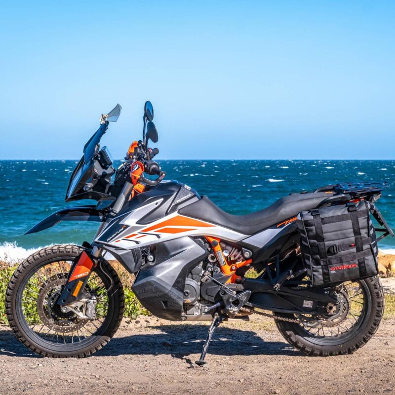 Side view of KTM Adventure bike with Turkana HippoHips 20L soft panniers showing scale and size