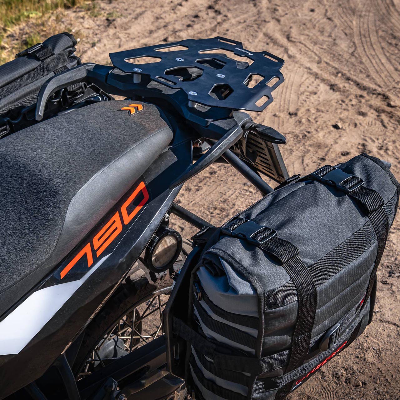 Turkana HippoHips Hybrid Saddlebags mounted to Turkana pannier plate mounts on a motorcycle.