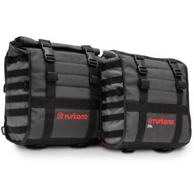 Turkana HippoHips Hybrid Saddlebags in 20L and 30L sizes shown side by side for comparison.