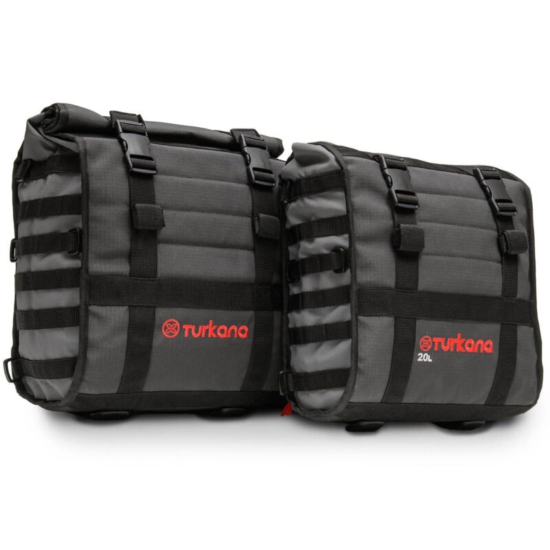 Turkana HippoHips Hybrid Saddlebags in 20L and 30L sizes shown side by side for comparison.