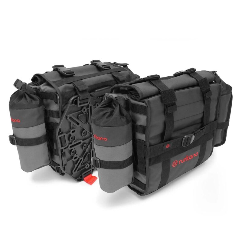 Turkana HippoHips saddlebag with pannier mounting plate and Oxpacker pouch attached to side MOLLE webbing.