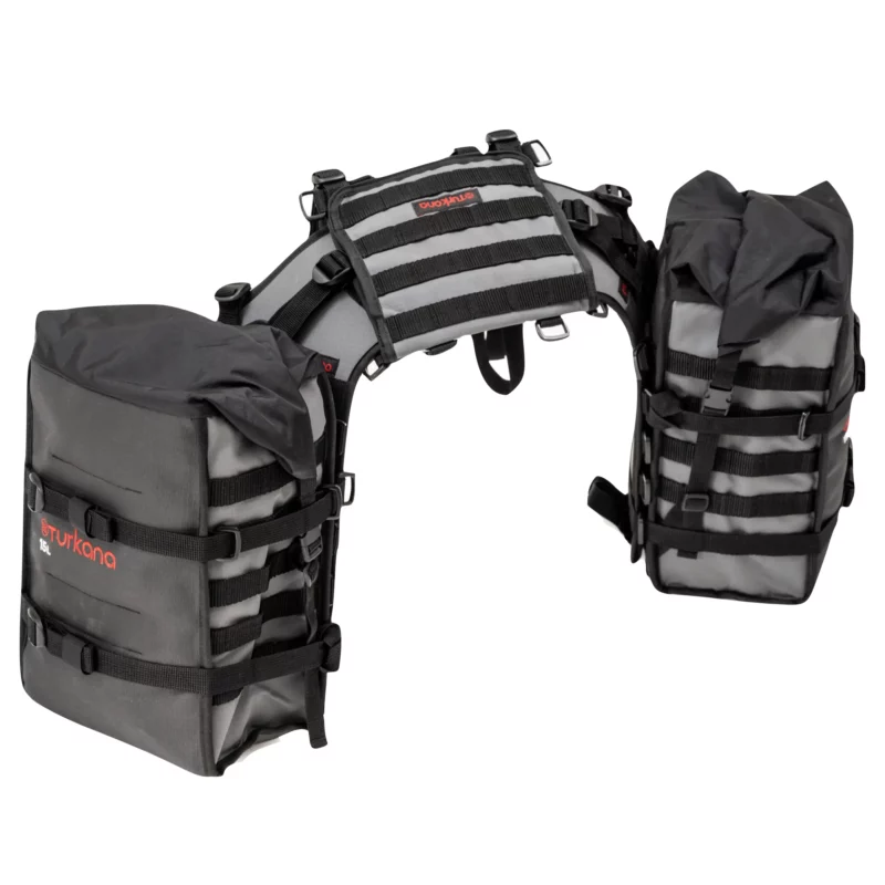 Complete Turkana madMules rackless motorcycle luggage system fitted with two grey 15 litre soft panniers.