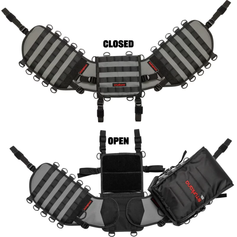 Turkana madMules rackless luggage base shown open and closed with adjustable straps and attachment loops.