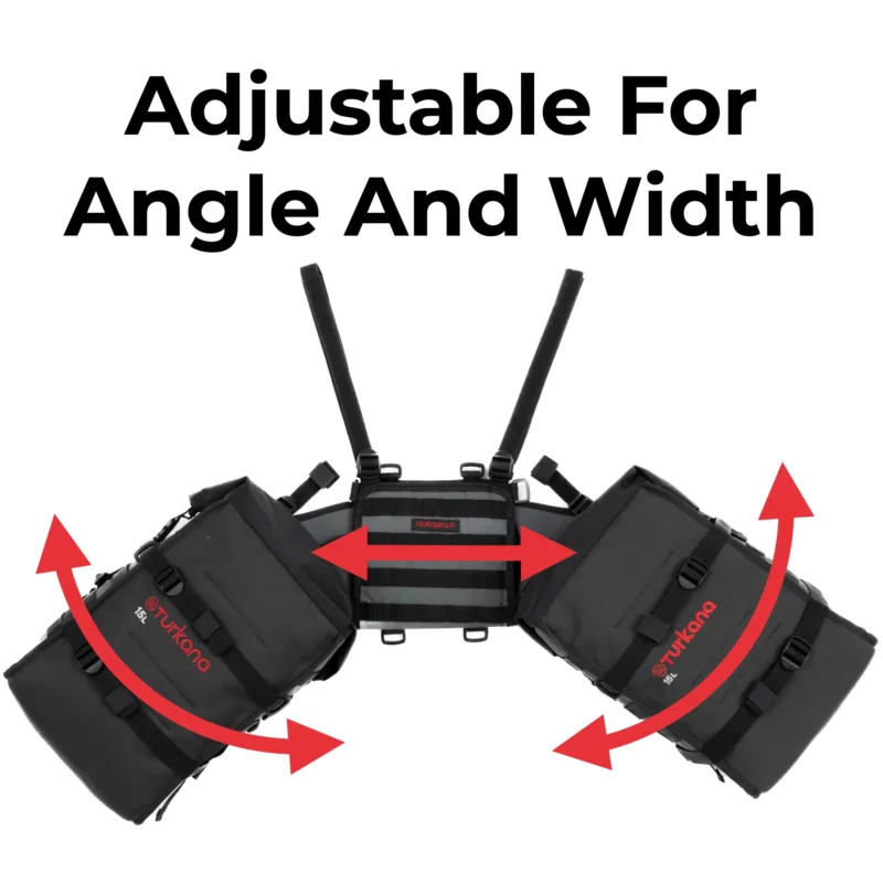 Turkana madMules rackless motorcycle luggage system showing adjustable width and pannier angles.