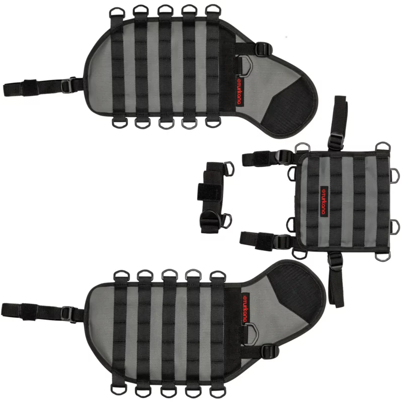 Separate components of the Turkana madMules rackless base with straps, buckles, webbing and attachment loops.