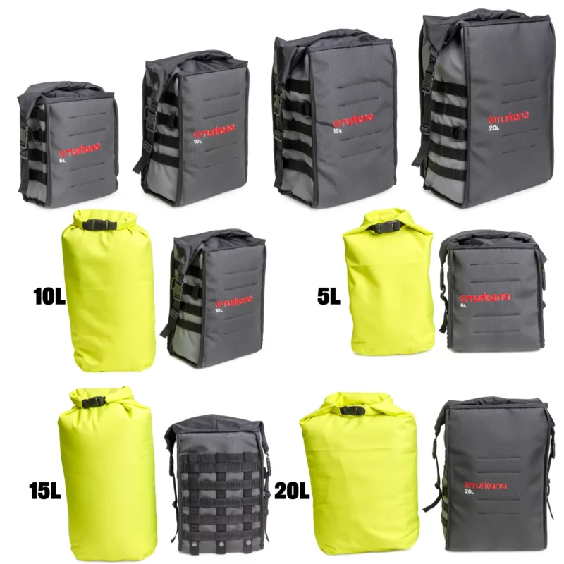 Turkana madMules Trek-bags modular waterproof motorcycle bags and inner dry bags in 5, 10, 15 and 20 litre sizes.