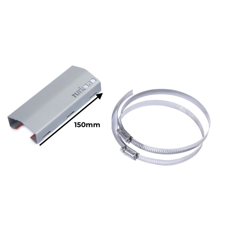 Turkana Gear 150 mm stainless steel exhaust heat shield with two steel mounting clamps for adventure motorcycles.