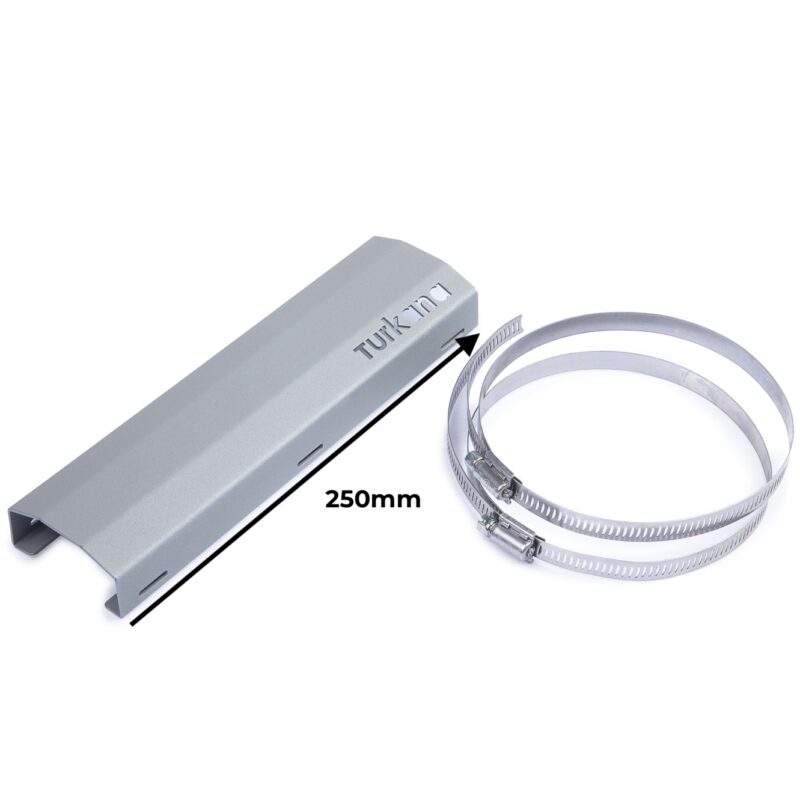 Turkana Gear 250 mm stainless steel exhaust heat shield with two steel mounting clamps for adventure motorcycle soft luggage protection.
