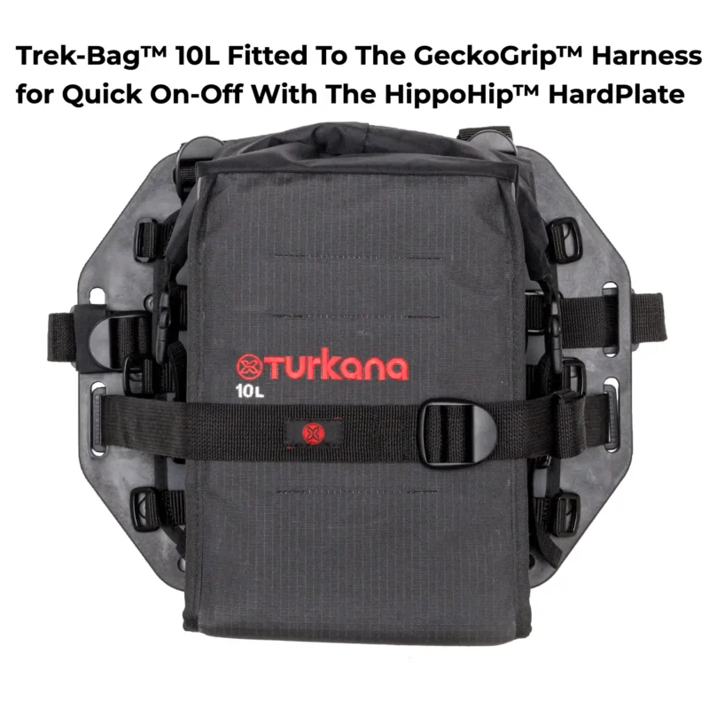 Turkana 10L TrekBag mounted to GeckoGrip harness and HippoHip HardPlate