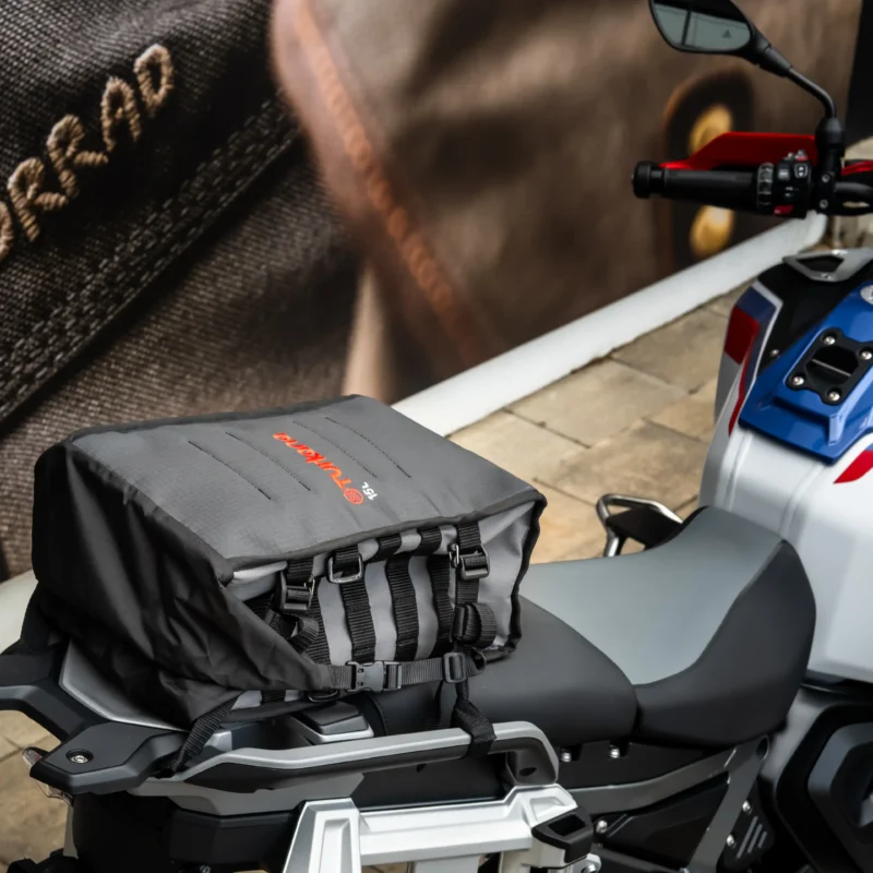 Turkana 15L TrekBag mounted on the rear of a BMW1300GSA adventure motorcycle, providing practical soft luggage for commuting, touring and adventure travel.