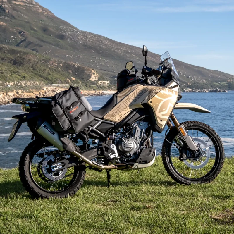 Turkana TrekBags fitted to a CFMOTO 450MT adventure motorcycle with lightweight soft luggage
