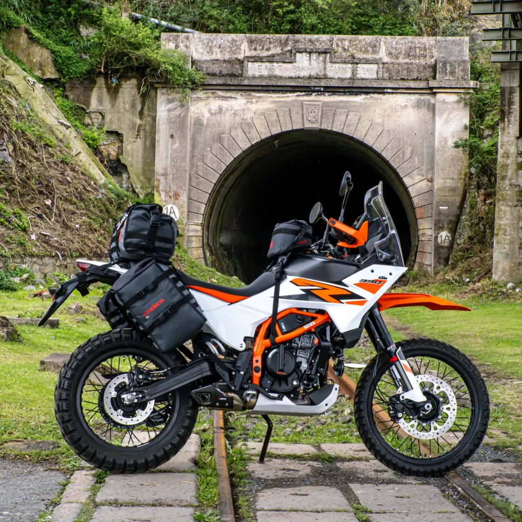 KTM 390 Adventure fitted with Turkana TrekBags rackless soft luggage for adventure riding