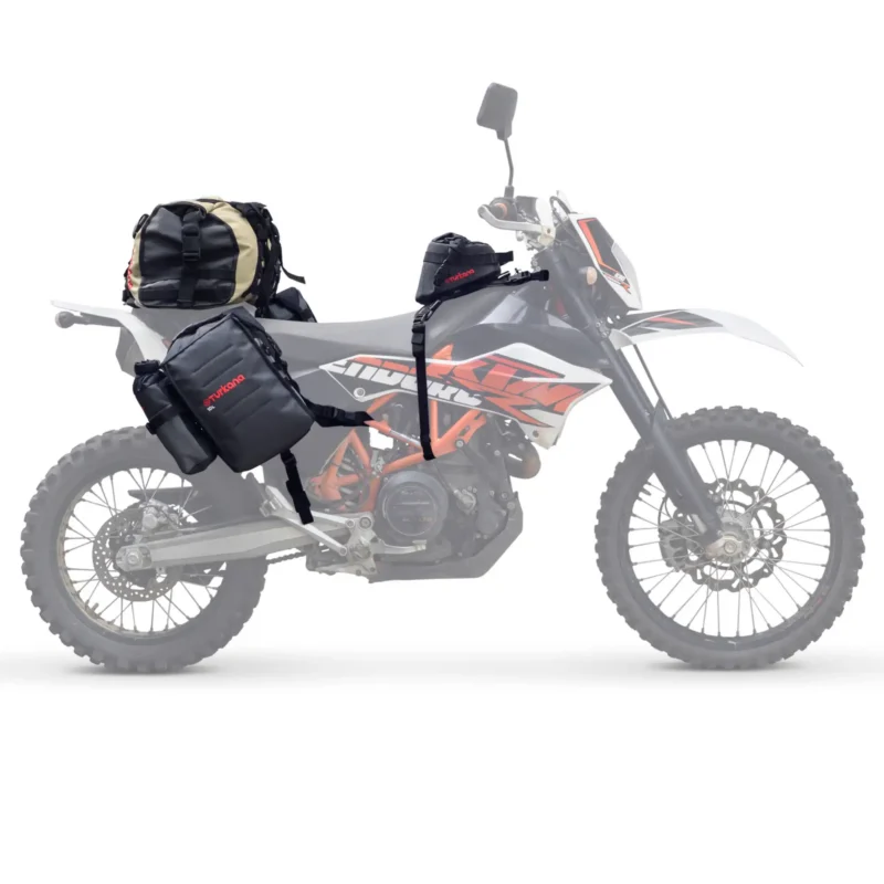 KTM 690 Enduro fitted with lightweight Turkana TrekBags rackless motorcycle luggag