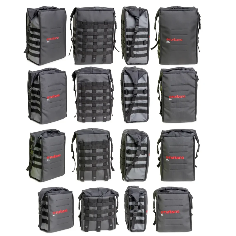 Front, rear and side views of Turkana TrekBags showing modular attachment points