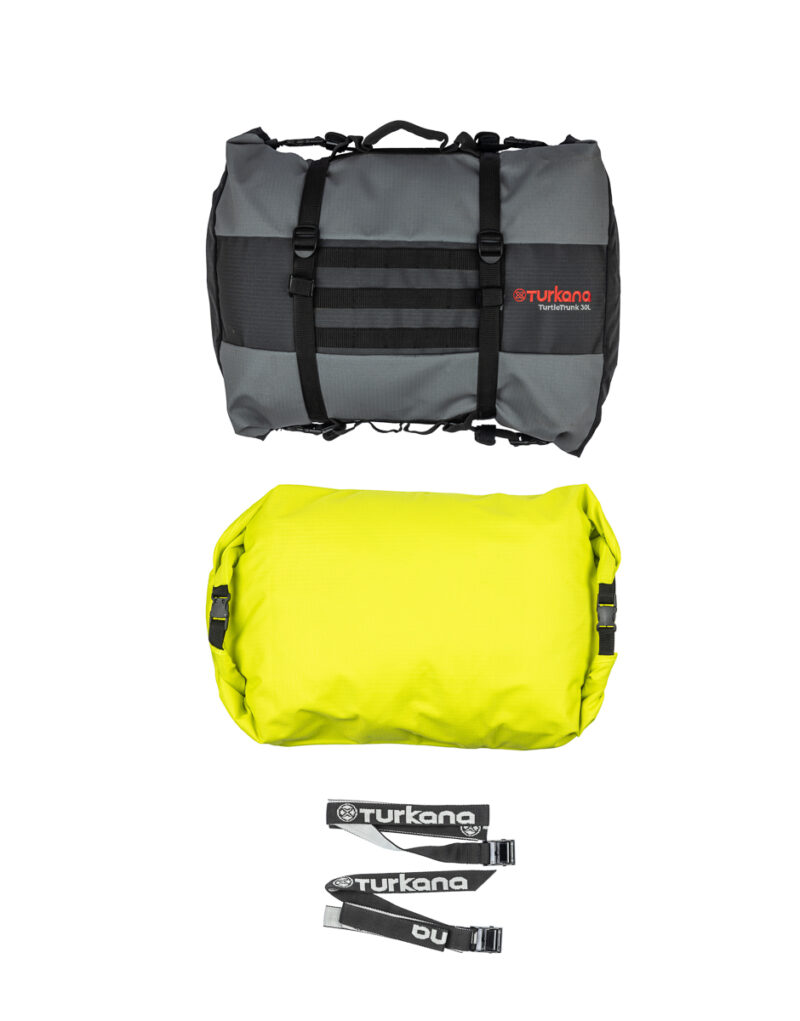 Detail of the TurtleTrunk™ MOLLE webbing system for attaching additional gear or securing the bag to motorcycles, 4x4 roof racks, or adventure setups.