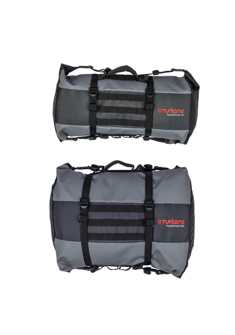 15L & 30L Detail of the TurtleTrunk™ MOLLE webbing system for attaching additional gear or securing the bag to motorcycles, 4x4 roof racks, or adventure setups.