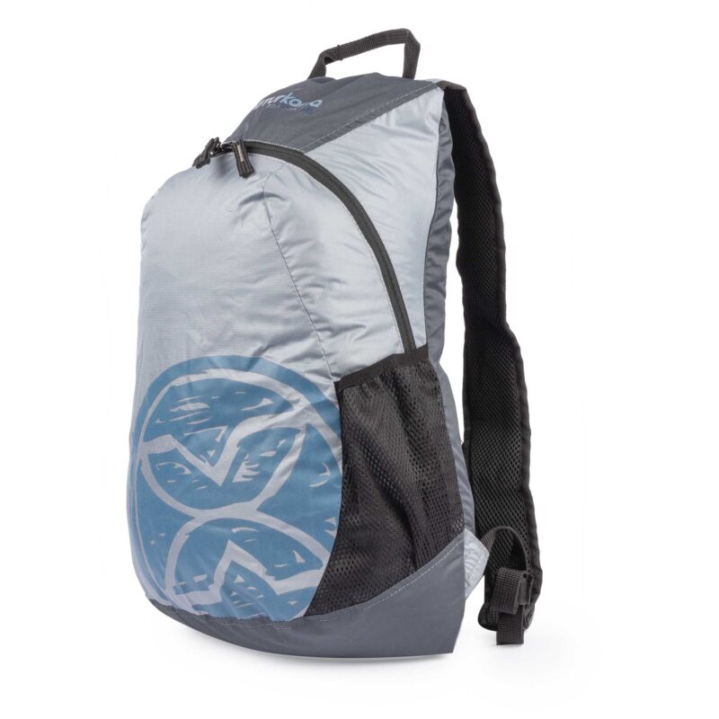 Turkana YakSak 15L foldable backpack with front zip pocket and mesh bottle pocket.