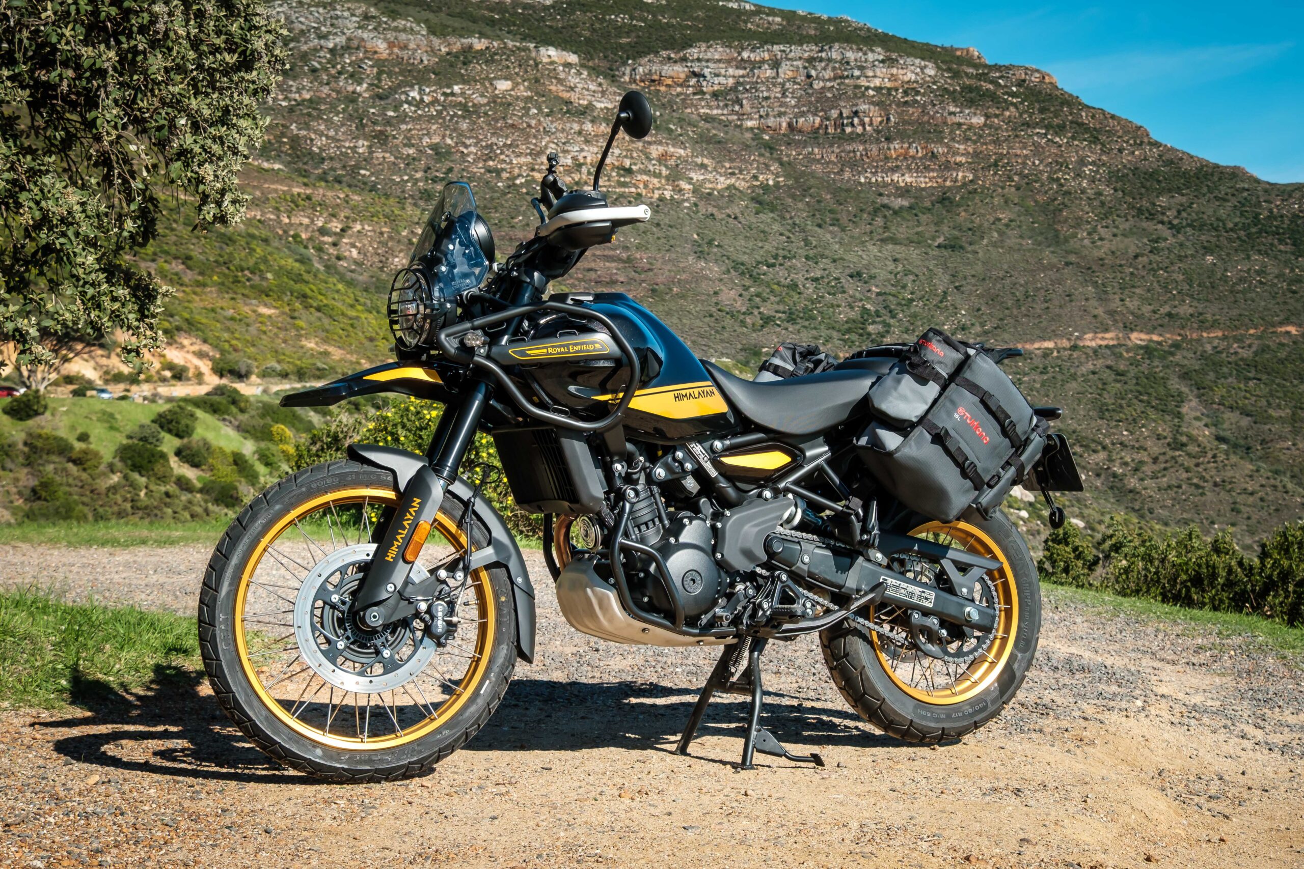 Royal Enfield Himalayan adventure bike with Turkana soft luggage parked on overlook