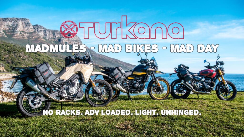 Triumph, Himalayan & CFMoto + Turkana gear = easy, epic rides. Rugged, waterproof, rackless motorcycle luggage.
