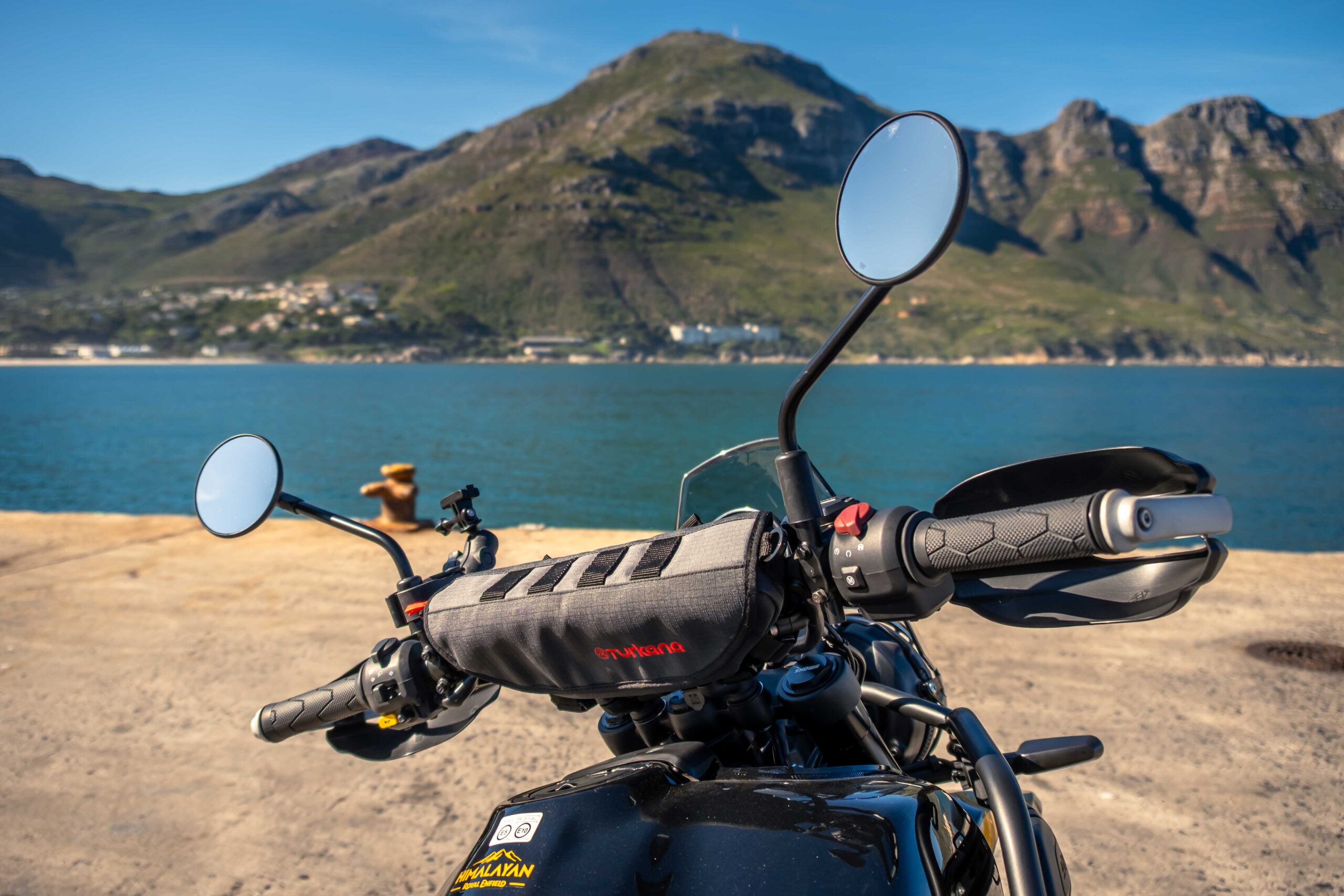 PelliPouch™ handlebar bag fitted to Royal Enfield motorcycle bars with Turkana Gear