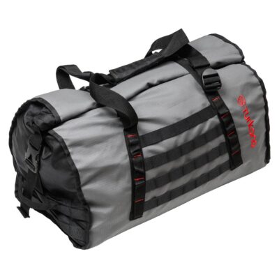 Charcoal Turkana Duffalo duffel bag showing MOLLE webbing, compression buckles, and reinforced carry handles.