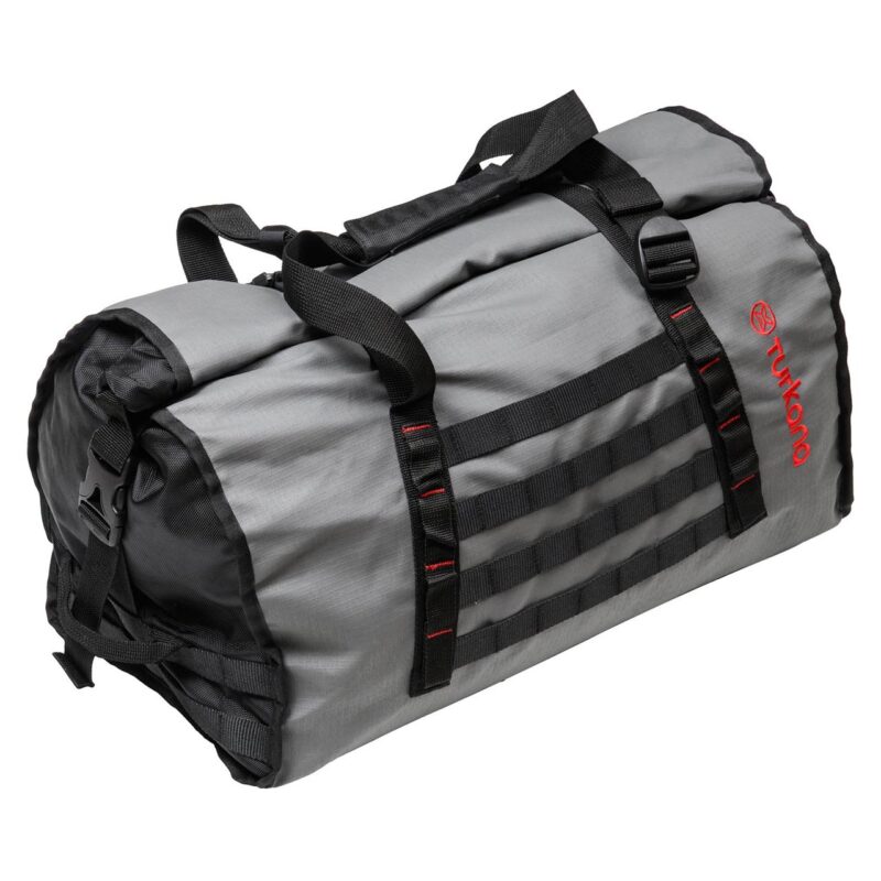 Charcoal Turkana Duffalo duffel bag showing MOLLE webbing, compression buckles, and reinforced carry handles.