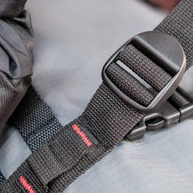 Close-up of adjustable compression buckle on the Turkana Duffalo duffel bag.