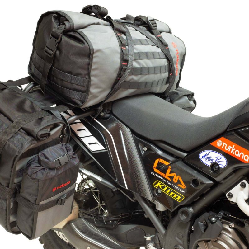 Turkana Duffalo duffel bag mounted as a tail bag on an adventure motorcycle for offroad travel