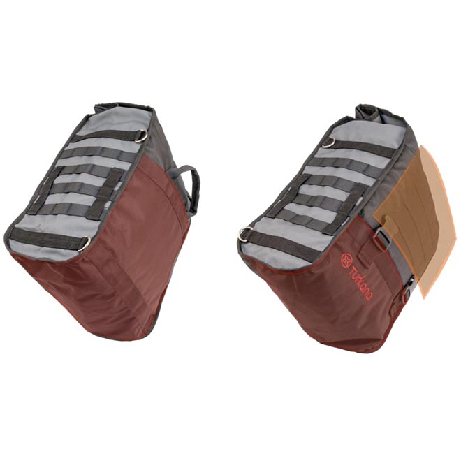 Close-up of Turkana HippoHips saddlebag showing HDPE impact plate and durable Rhinocote outer fabric.