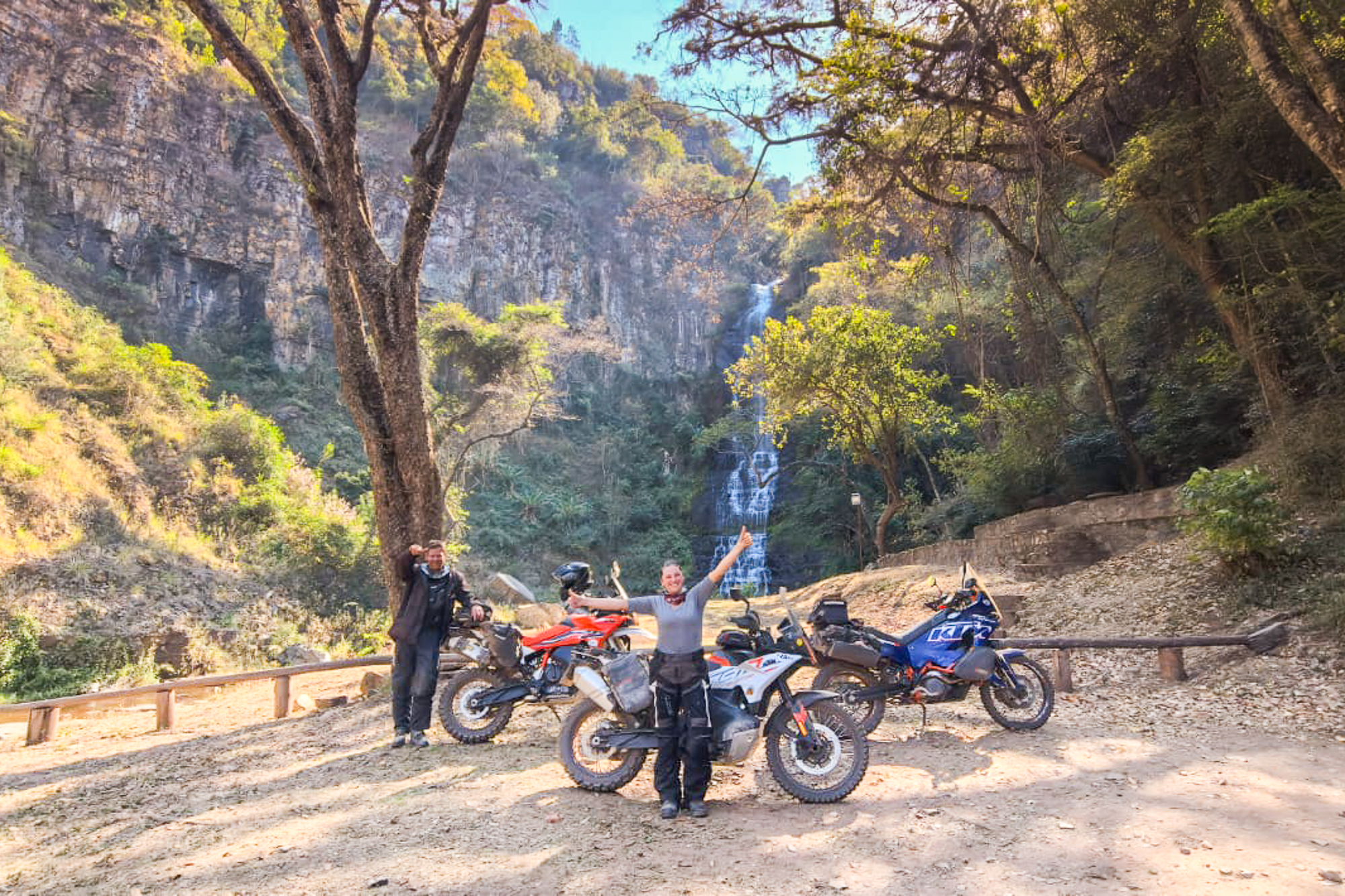 Adventure riding views worth every kilometre — KTM 790 Adventure and Turkana Gear Mad Mules overlooking the forests of Zimbabwe.