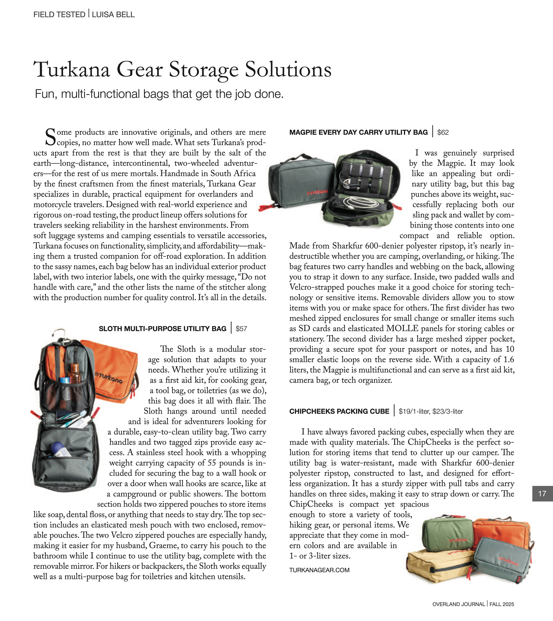 Overland Journal - Expedition Portal - Fall 2025 feature on Turkana Gear soft luggagestorage solutions, including the Sloth Utility Bag, ChipCheeks Packing Cubes, and Magpie EDC Utility Bag