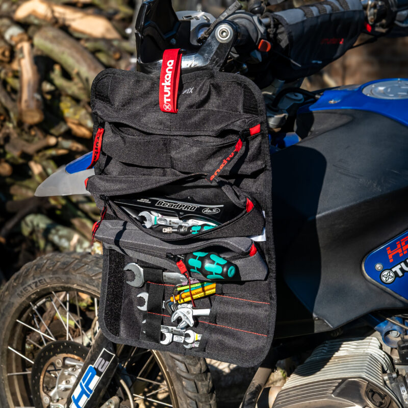 Turkana BushFix and QuickFix Moto Tool Pouch; Heavy-duty, waterproof fabric with multiple pockets for wrenches, tyre tools, sockets, and screwdrivers. Built to survive dust, mud, abbrasion and wear