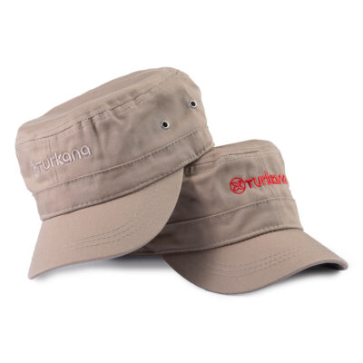 Two Turkana DustDevil Caps stacked, showing red logo version and tonal logo version, military foldable design.