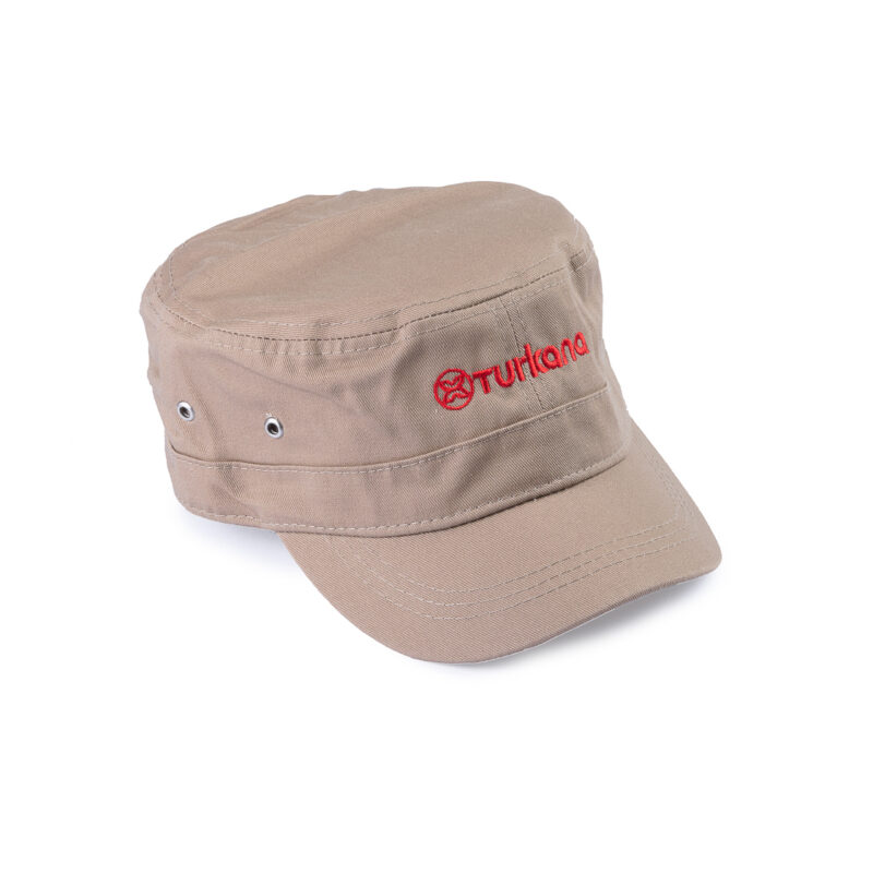 Side angle of Turkana DustDevil Cap with tonal logo and breathable eyelets.