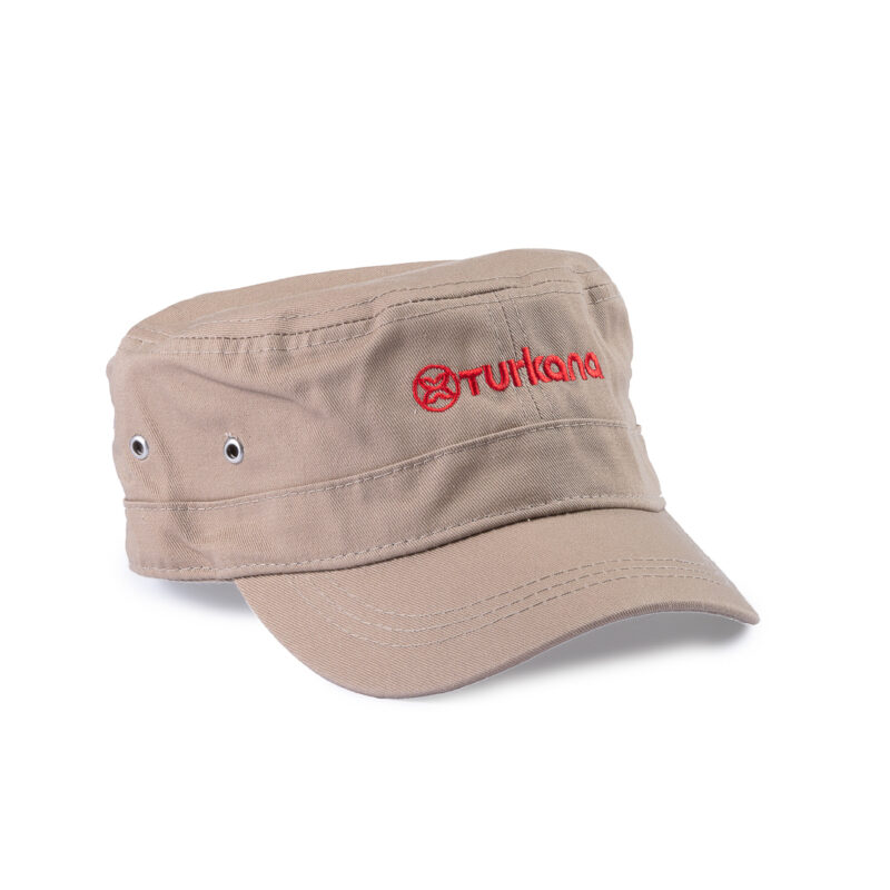 Turkana DustDevil Cap with tonal embroidered logo, tan military style foldable cap.