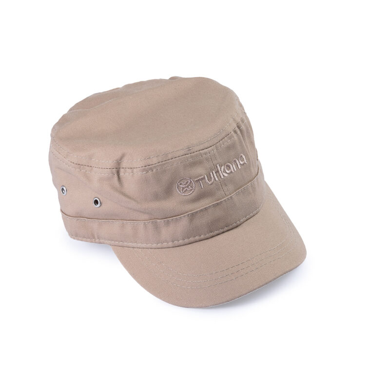 Turkana DustDevil Cap showing red front embroidery and side metal eyelets.