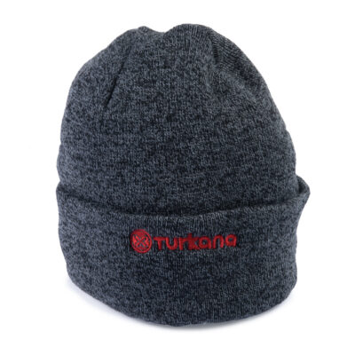 Front view of dark grey Turkana Nutshell™ knitted beanie with red embroidered logo on folded cuff
