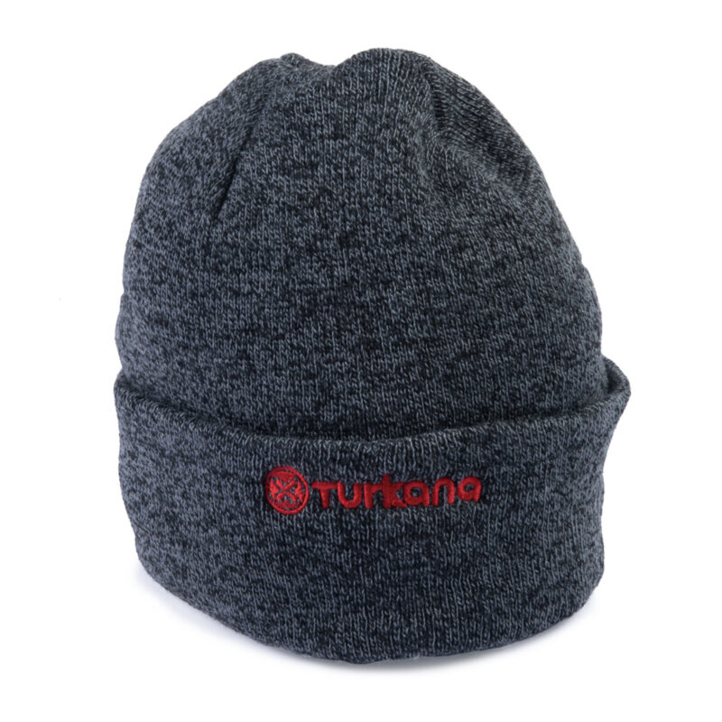 Front view of dark grey Turkana Nutshell™ knitted beanie with red embroidered logo on folded cuff