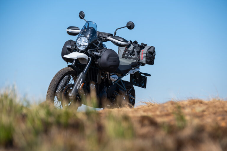 Royal Enfield Himalayan 450 fitted with Turkana Gear soft luggage during a long-term adventure motorcycle review in South Africa. Lightweight motorcycle travel setup for gravel roads and overland riding.