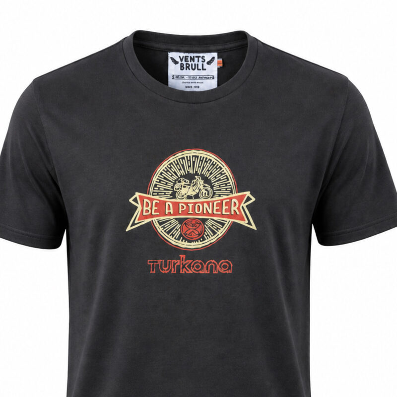 Turkana Be A Pioneer adventure motorcycle T-shirt with vintage motorcycle graphic on black Vents Brull crew neck shirt