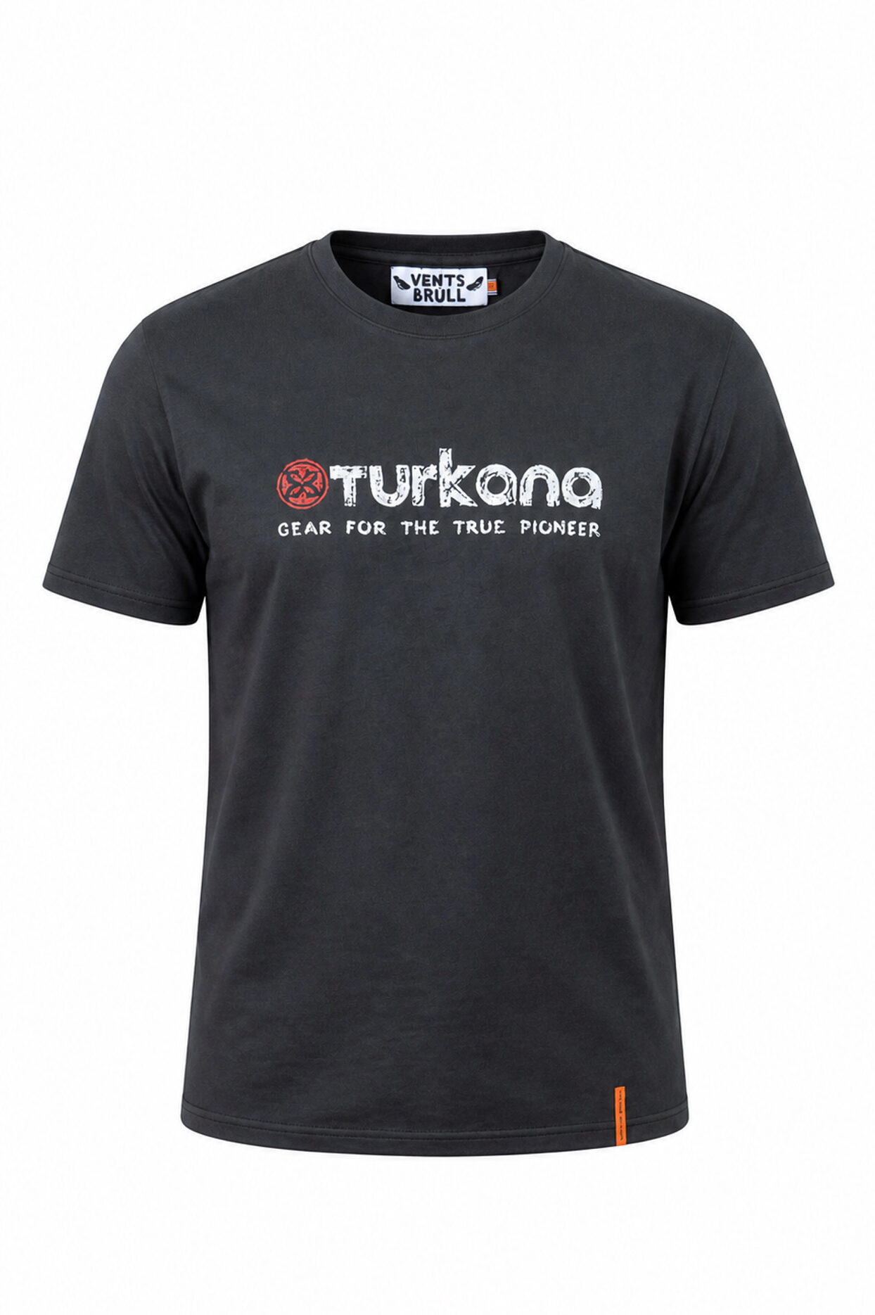 Turkana Gear for the True Pioneer adventure travel T-shirt on black Vents Brull crew neck shirt