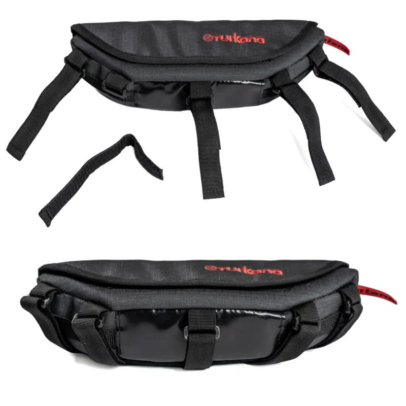PelliPouch Enduro motorcycle adjustable straps shown loose and secured around the bag.