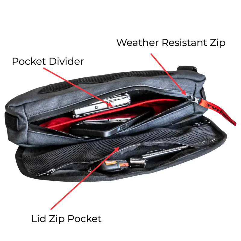 PelliPouch Enduro showing its pocket divider, weather-resistant zip and lid pocket.